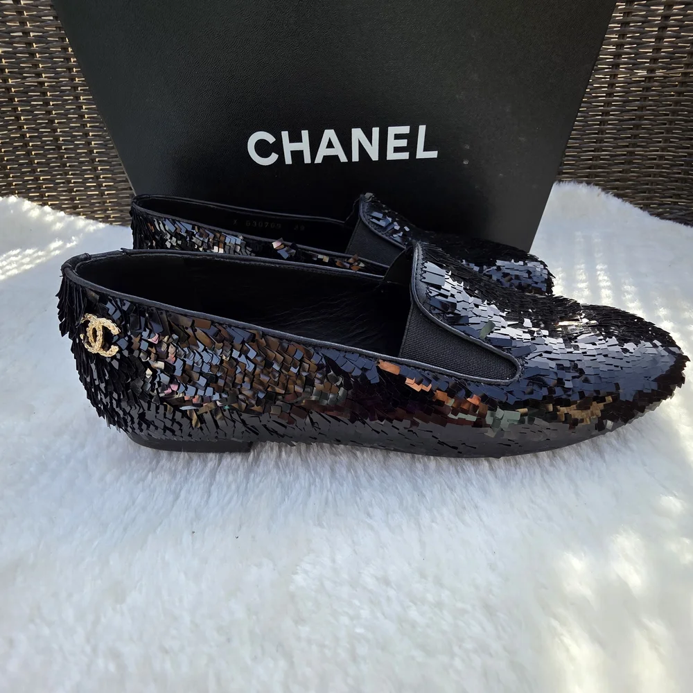 Chanel Black Sequin Loafers - Picture 1 of 5